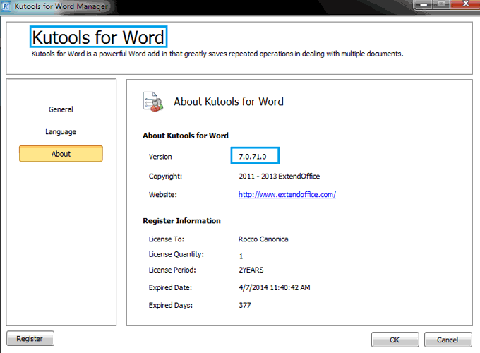 License name and code for kutools for outlook